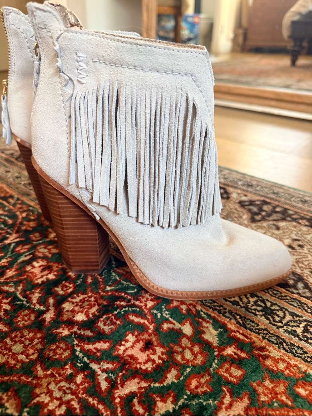 Cynthia Vincent Light Gray Suede Fringe Ankle Boots